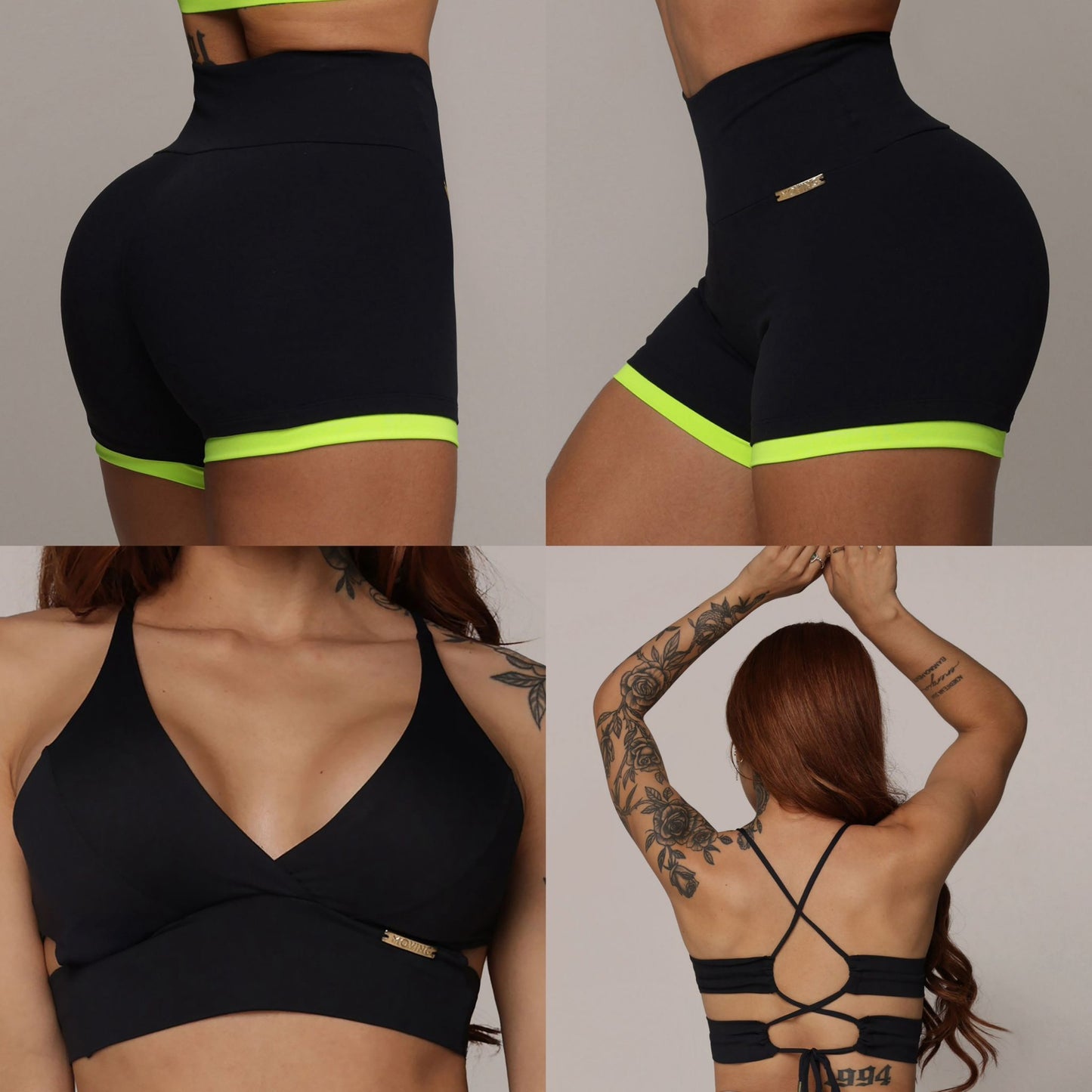 Black & Neon Short Brasileño & Crop Top Negro