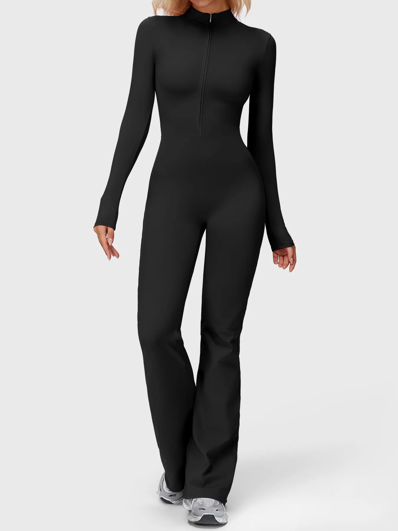 Seam Sculpt Enterizo Negro Manga Larga Palazo con Zipper