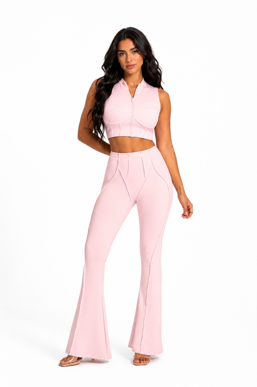 Trending Moto Mami Legging Palazo & Top con Zipper Rosa Claro