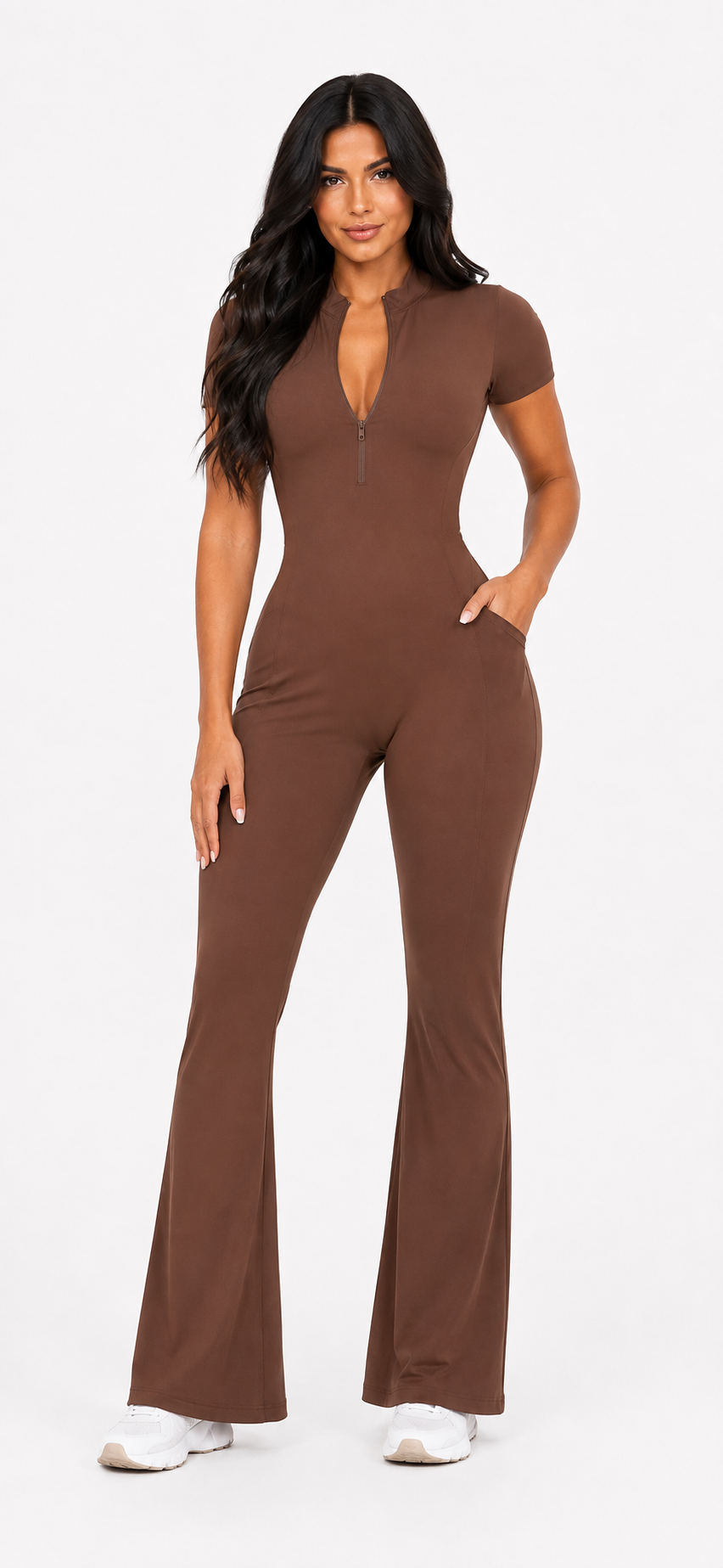 Seam Sculpt Enterizo Brown con Zipper Palazo con Bolsillos