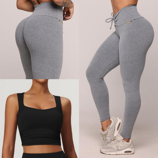 Legging de Compresión Gris Brasileño Scrunch (5 Estrellas) & Crop Top Negro