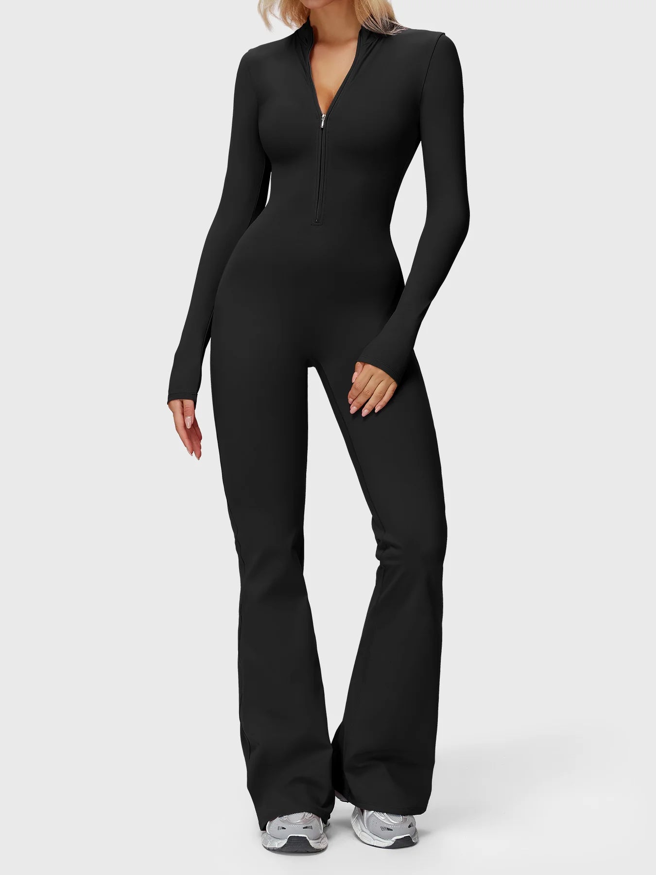 Seam Sculpt Enterizo Negro Manga Larga Palazo con Zipper
