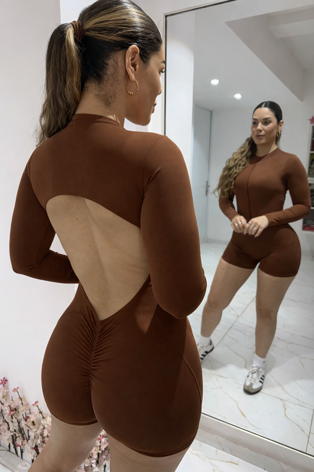 Sculpt Long Sleeve Romper Scrunch Brown