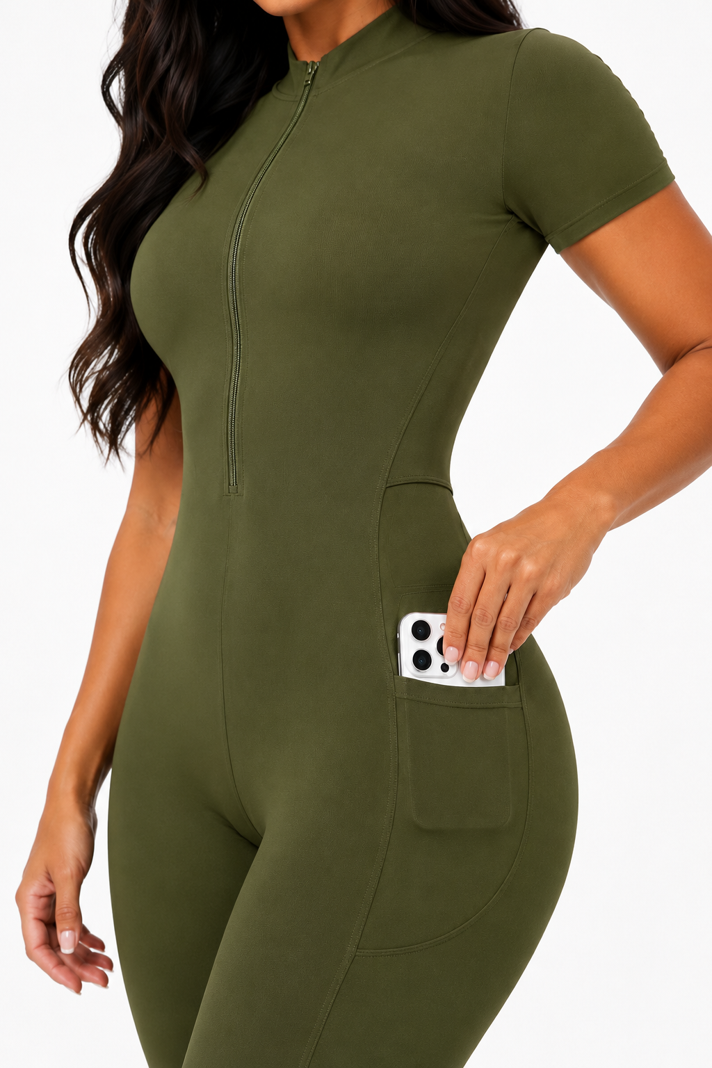 Seam Sculpt Enterizo Verde Olivo con Zipper Palazo con Bolsillos