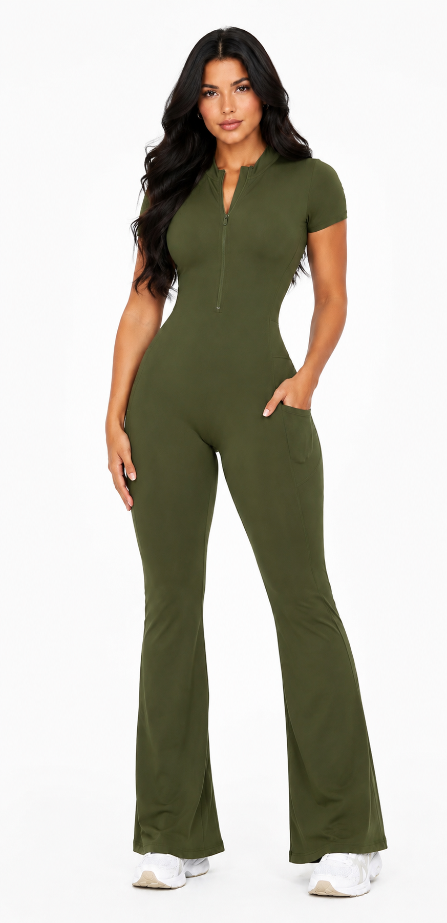 Seam Sculpt Enterizo Verde Olivo con Zipper Palazo con Bolsillos
