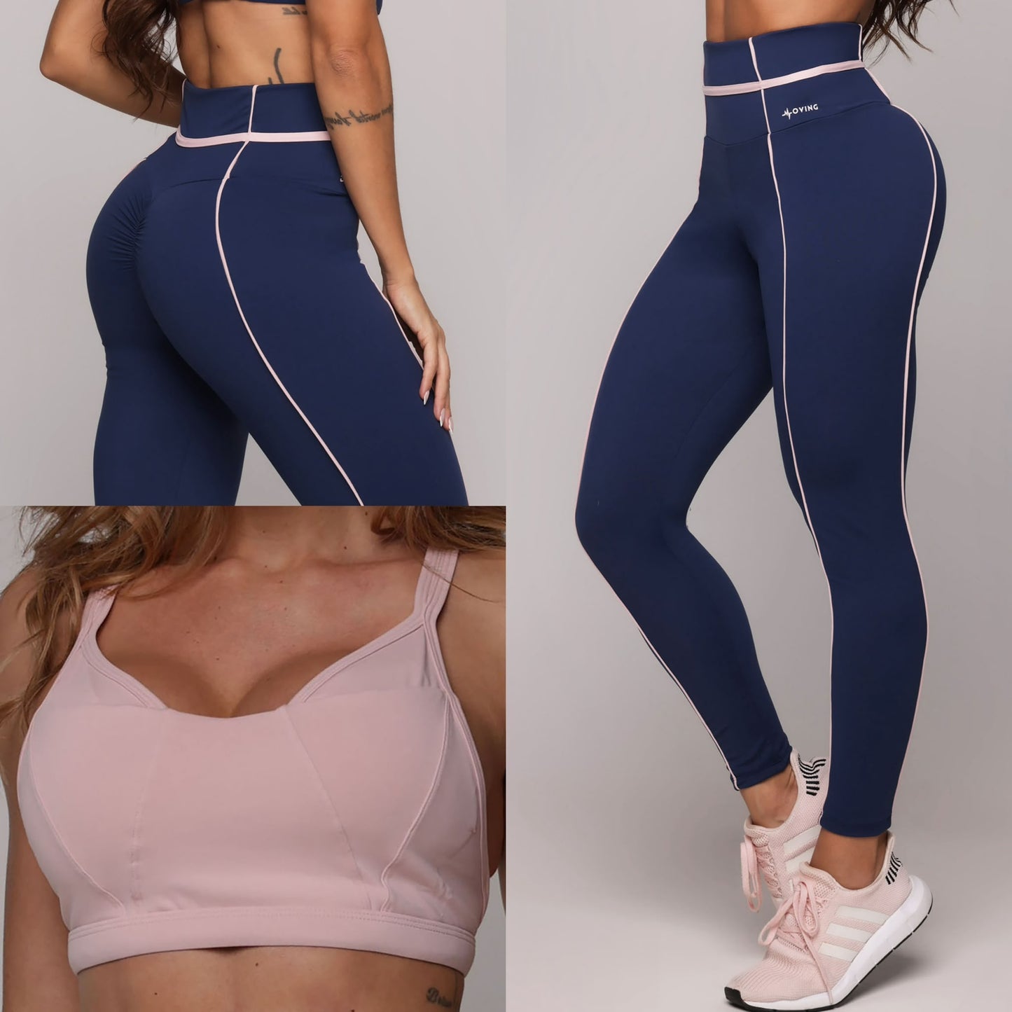 Legging de Compresión Brasileño Azul y Rosa Scrunch (5 Estrellas) & Crop Top Rosa