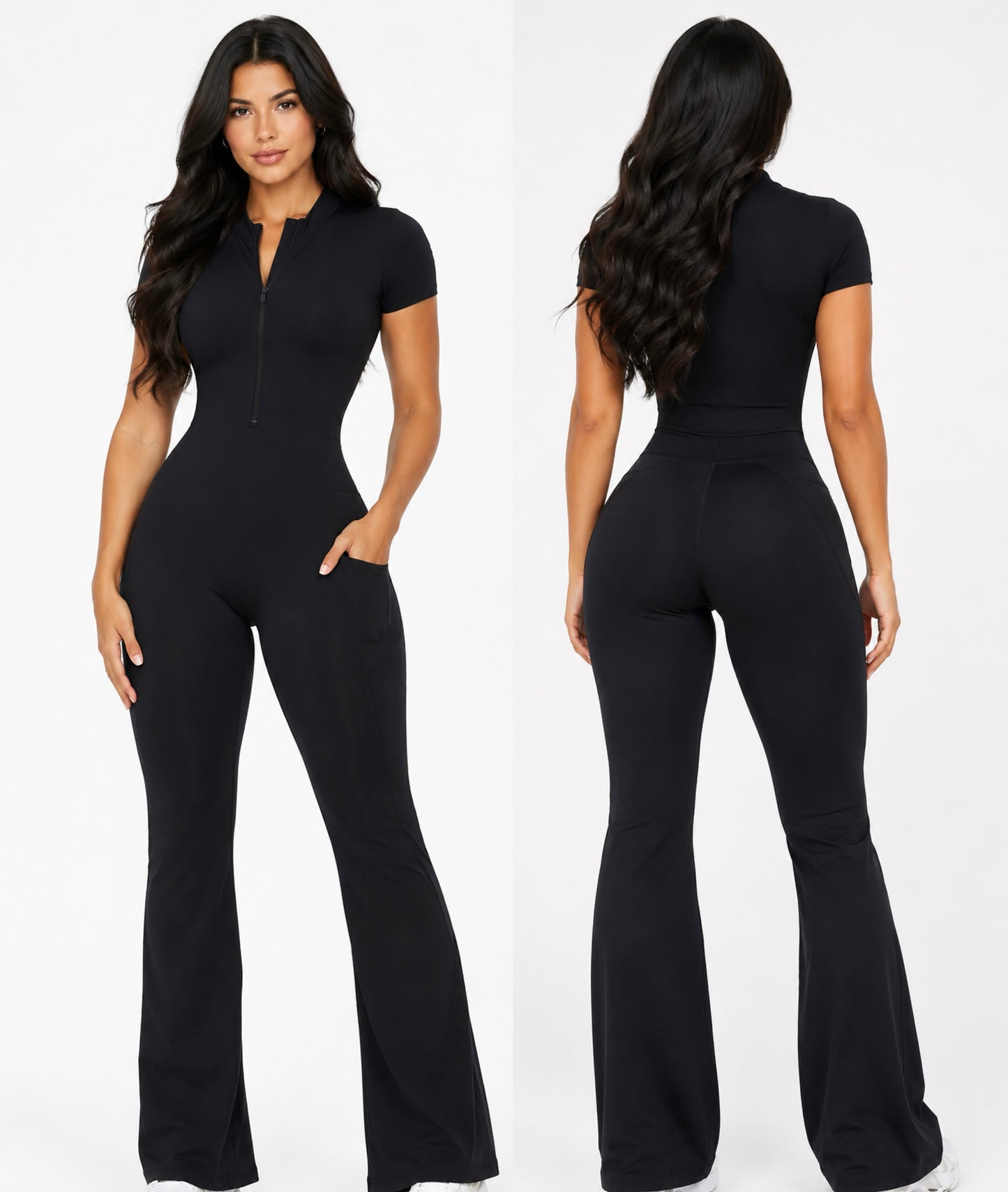 Seam Sculpt Enterizo Negro con Zipper Palazo con Bolsillos