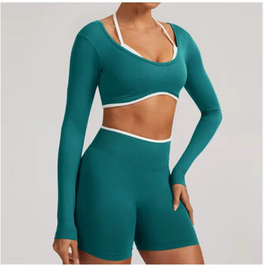 Sculpt Seamless Short Scrunch Teal Green & Long Sleeve Top