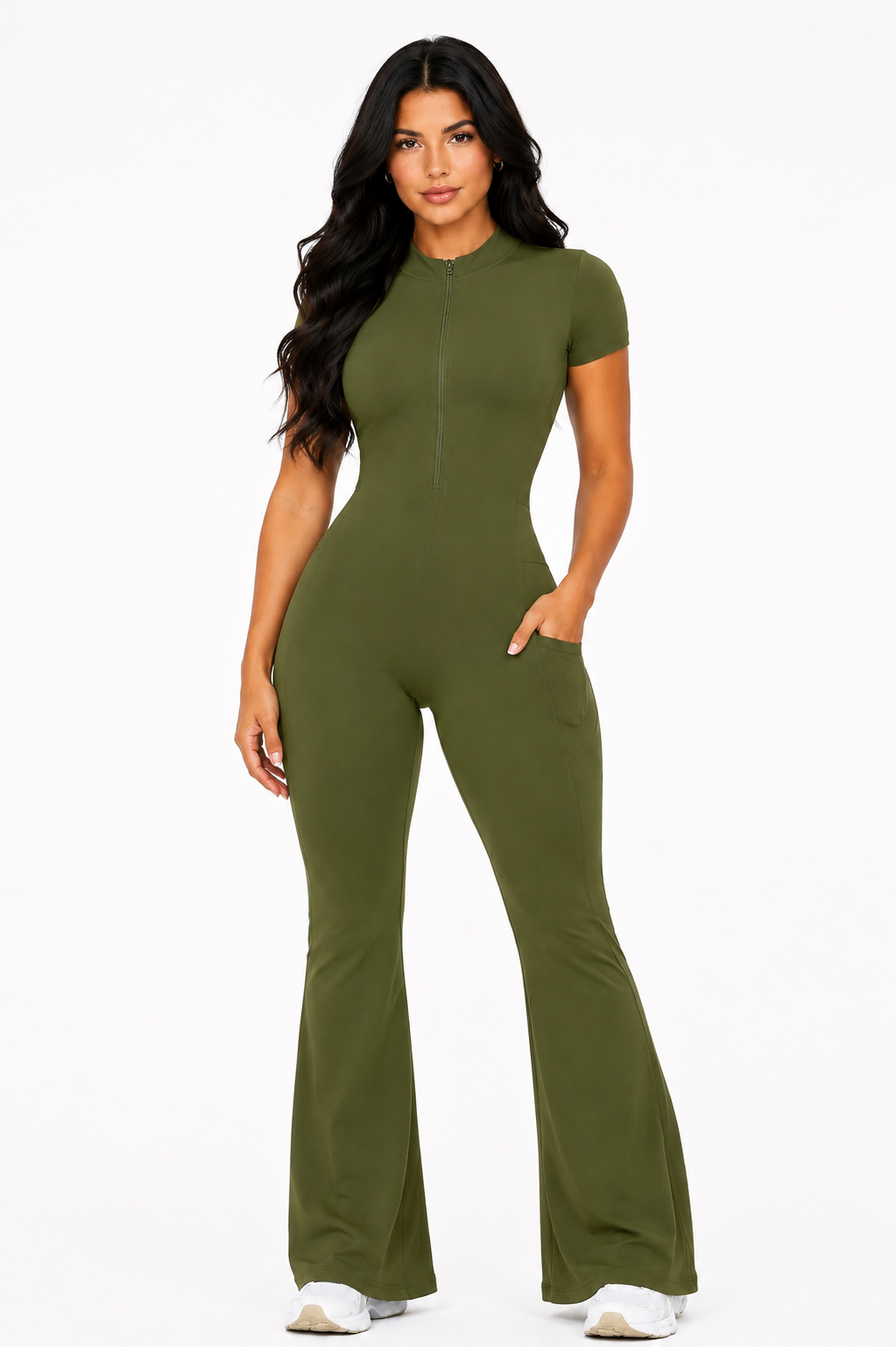 Seam Sculpt Enterizo Verde Olivo con Zipper Palazo con Bolsillos