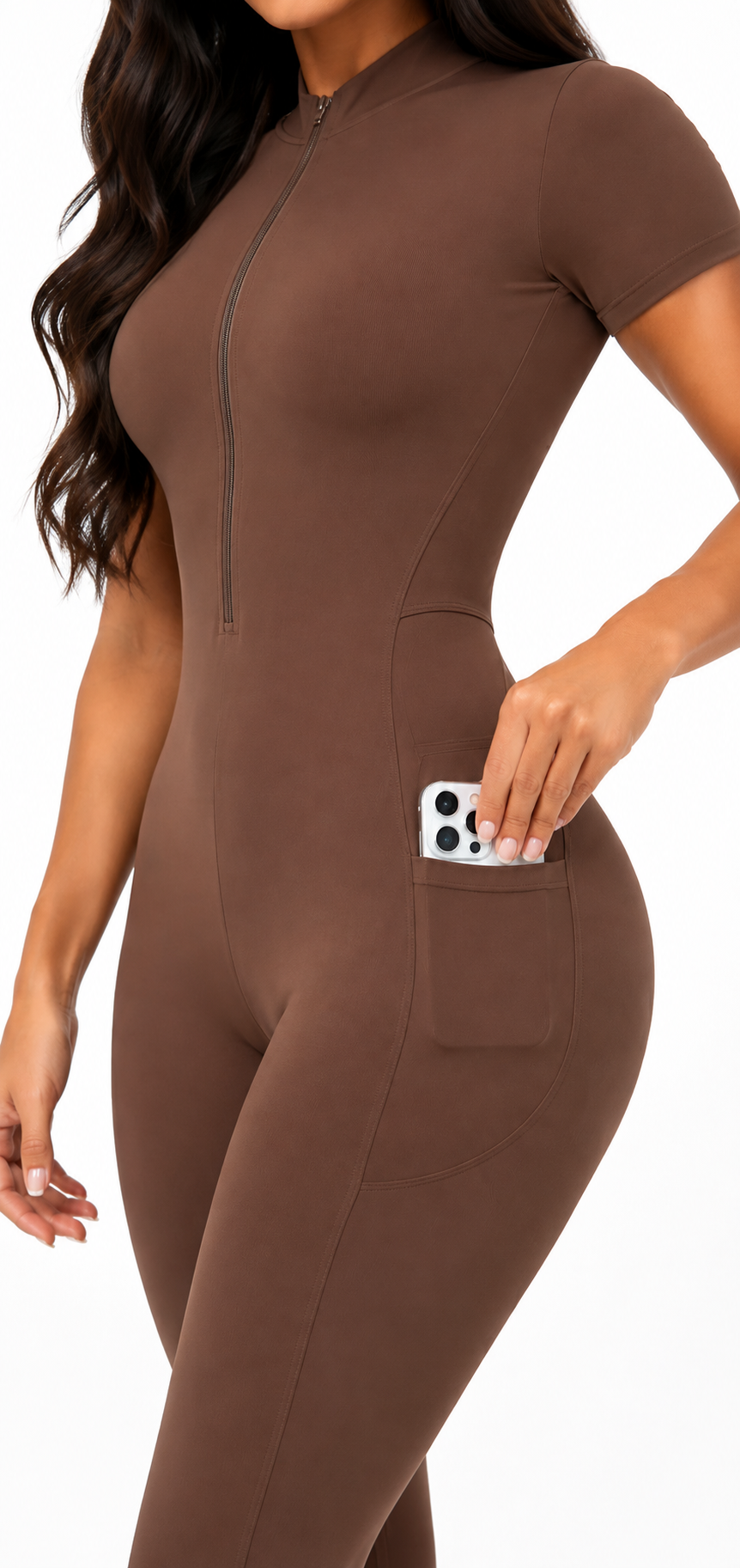 Seam Sculpt Enterizo Brown con Zipper Palazo con Bolsillos