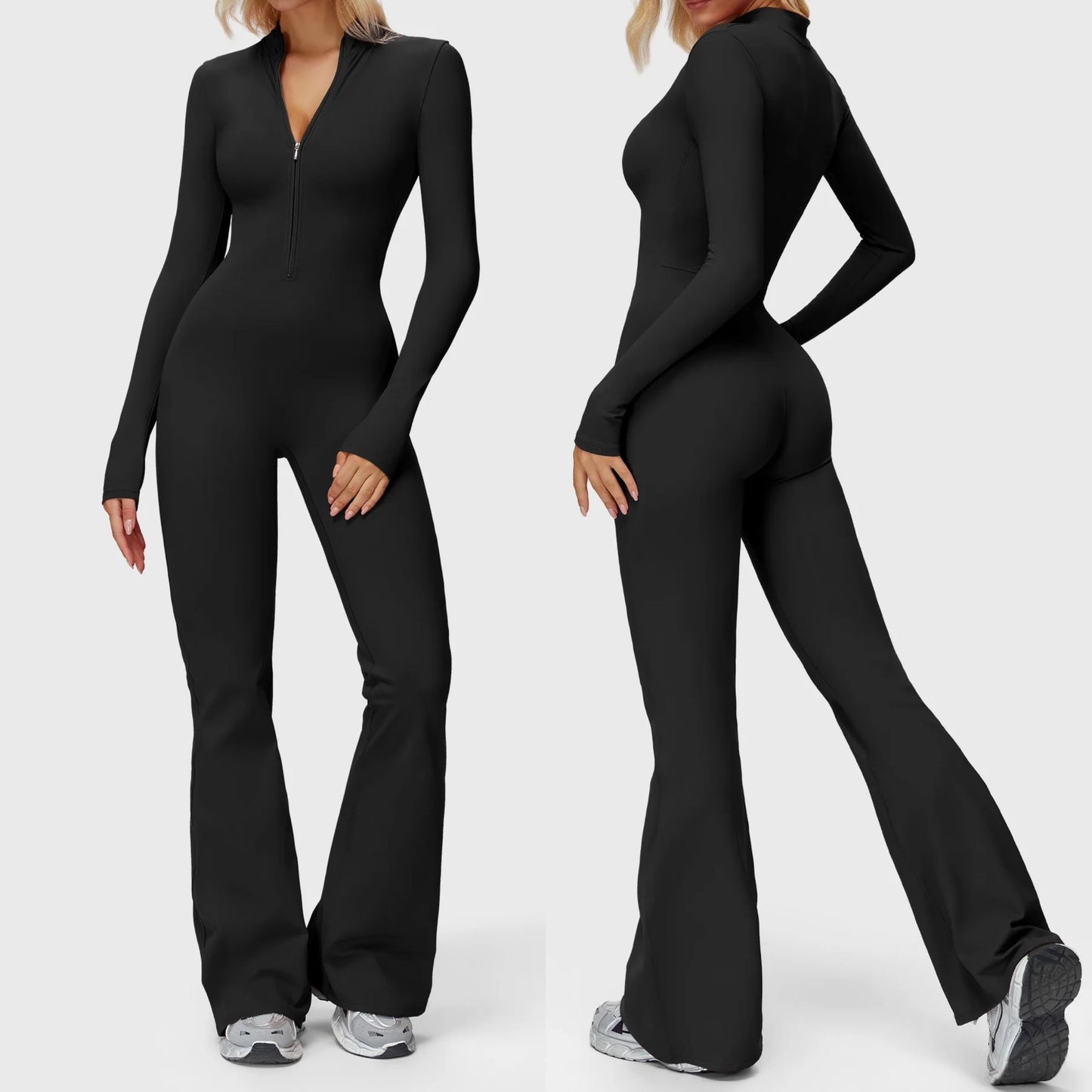 Seam Sculpt Enterizo Negro Manga Larga Palazo con Zipper