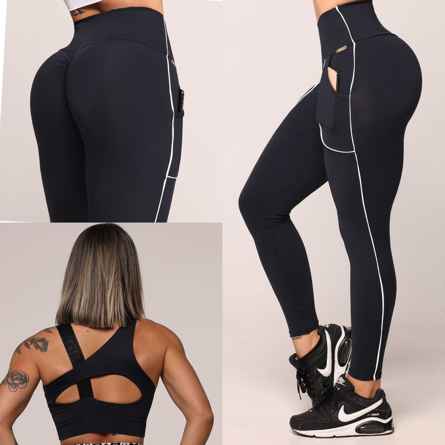 Legging de Compresión Negro & Blanco Brasileño Scrunch con Bolsillos (5 Estrellas) & Crop Top