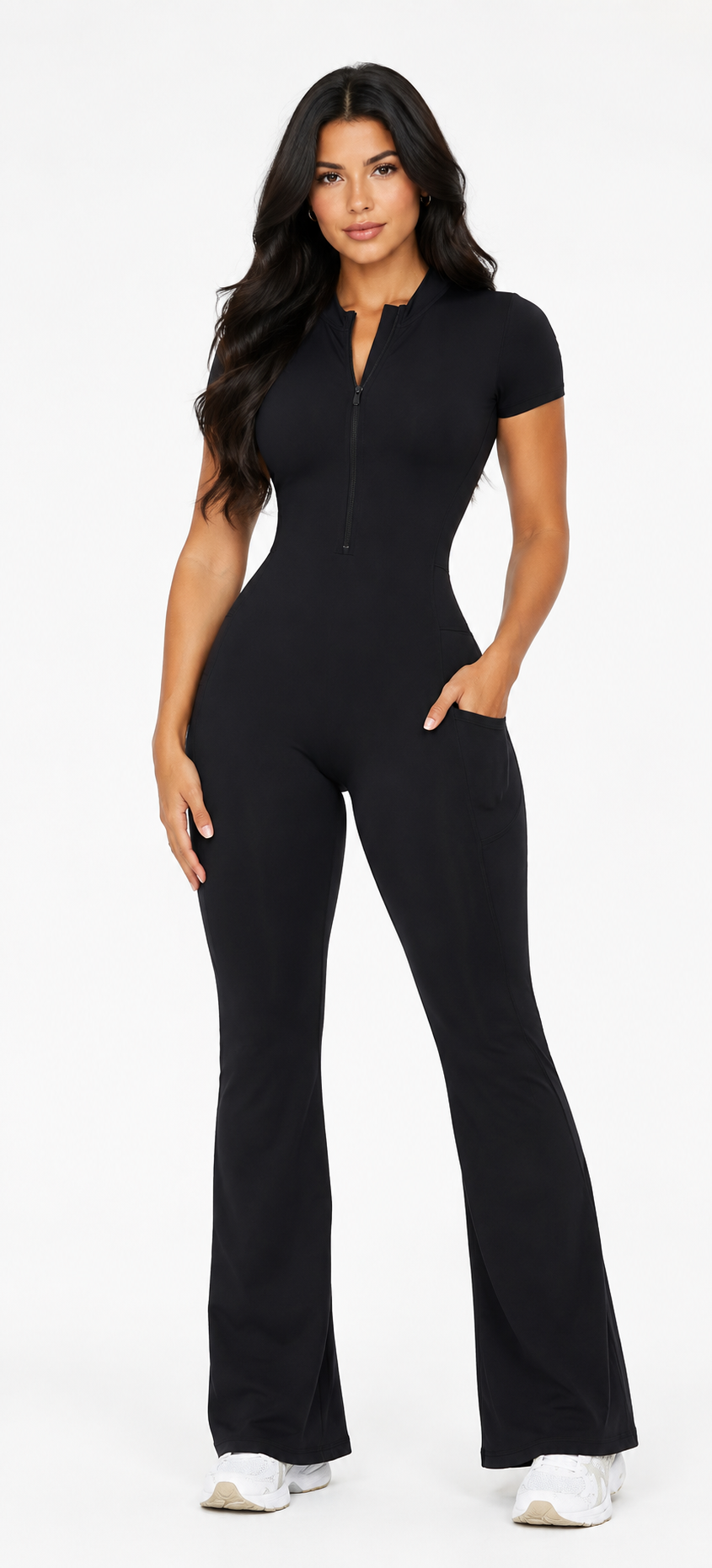 Seam Sculpt Enterizo Negro con Zipper Palazo con Bolsillos