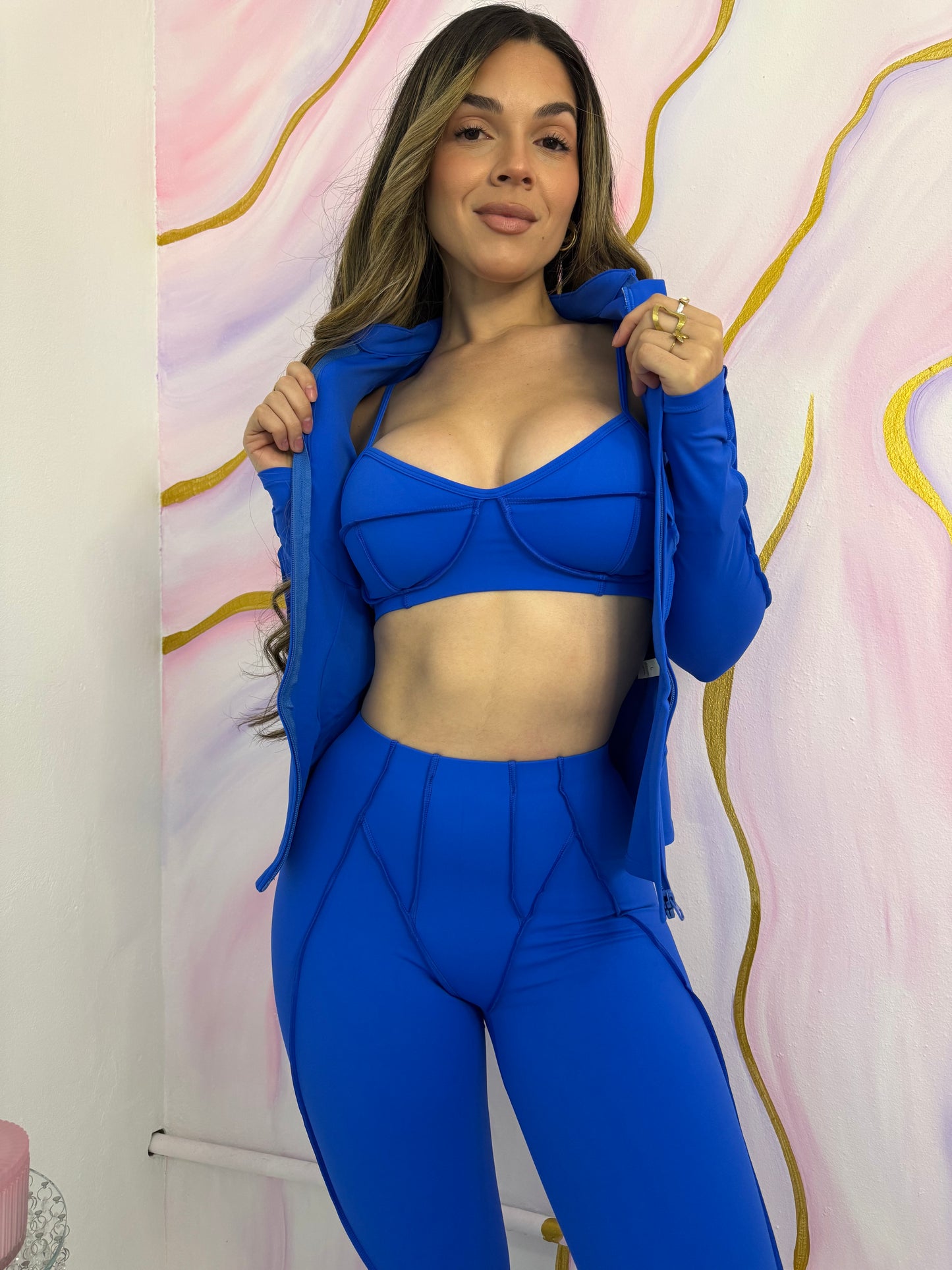 Trending Moto Mami 3 PC Legging, Top & Jacket Azul Royal