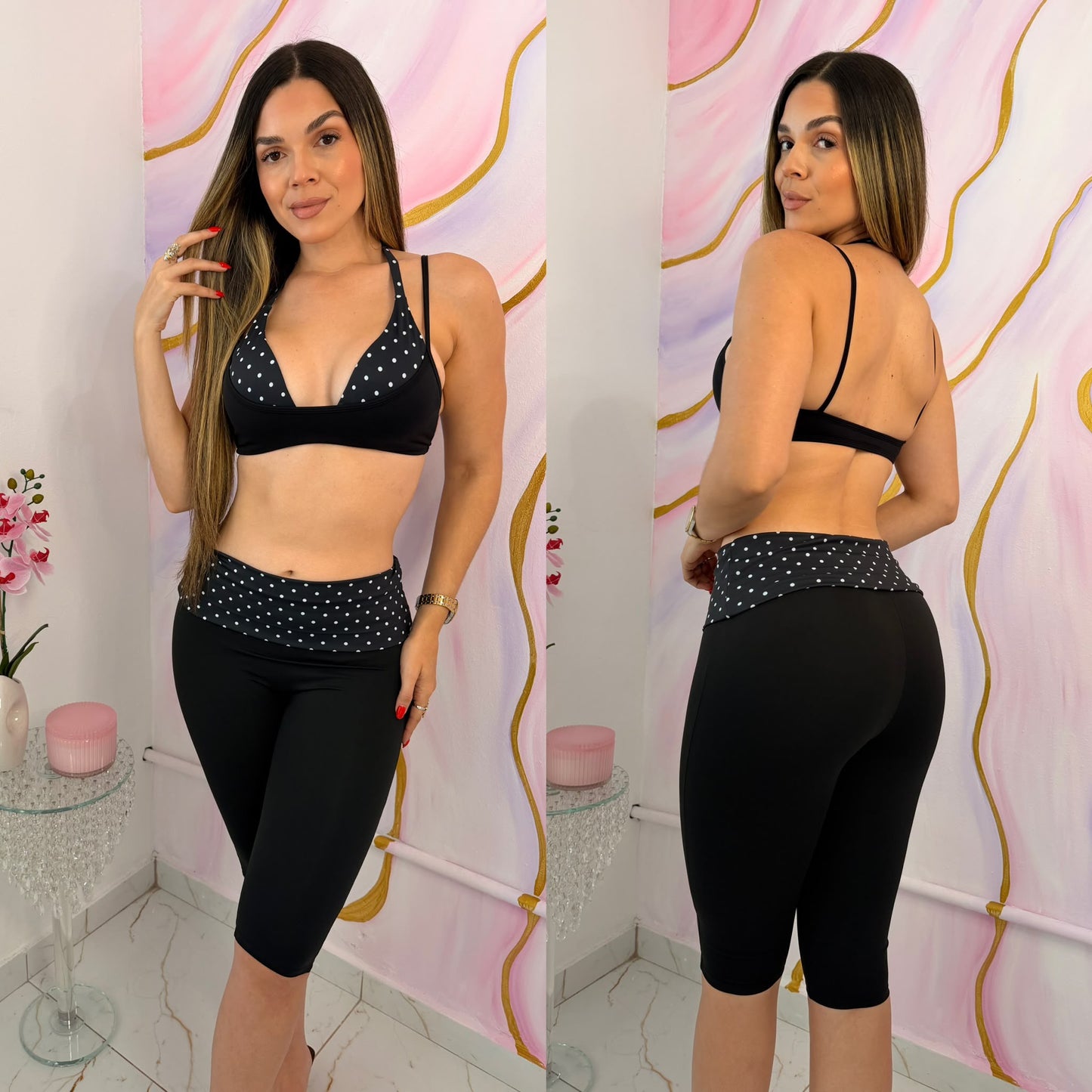 Polka Dots Black Legging Capri & Crop Top