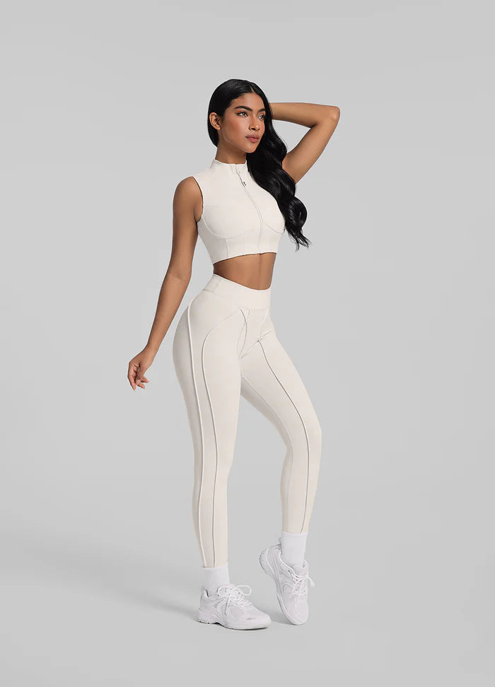 Trending Moto Mami Legging & Top con Zipper Beige