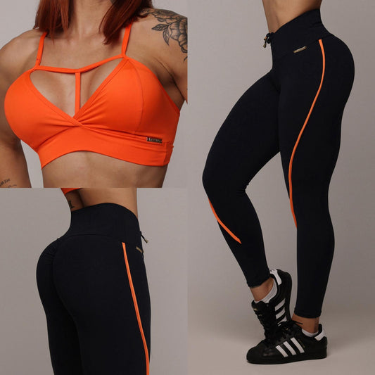 Legging de Compresión Negro & Orange Brasileño Scrunch (5 Estrellas) & Crop Top