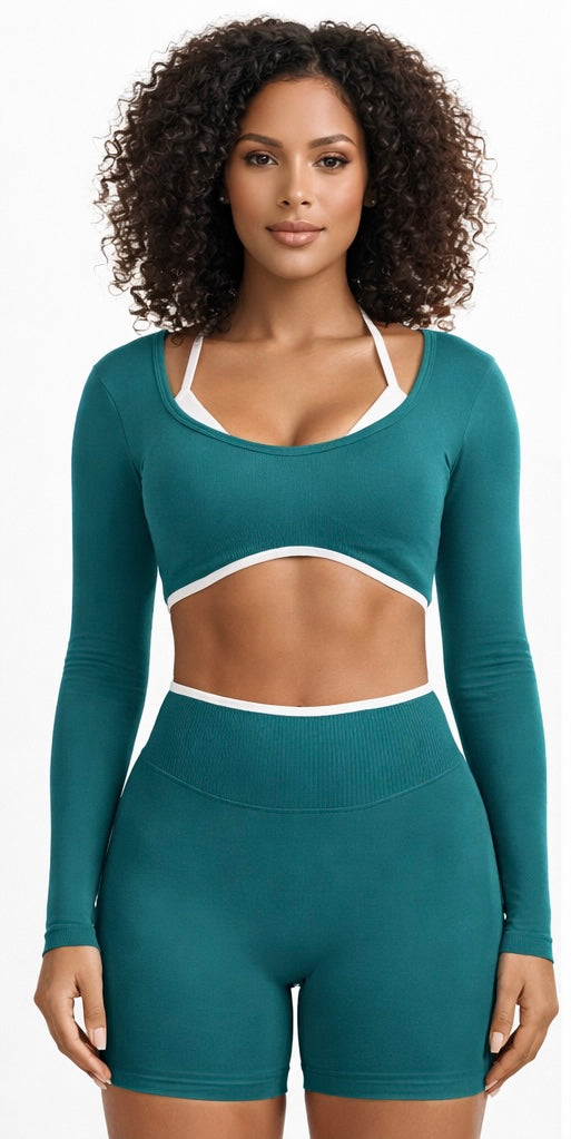 Sculpt Seamless Short Scrunch Teal Green & Long Sleeve Top