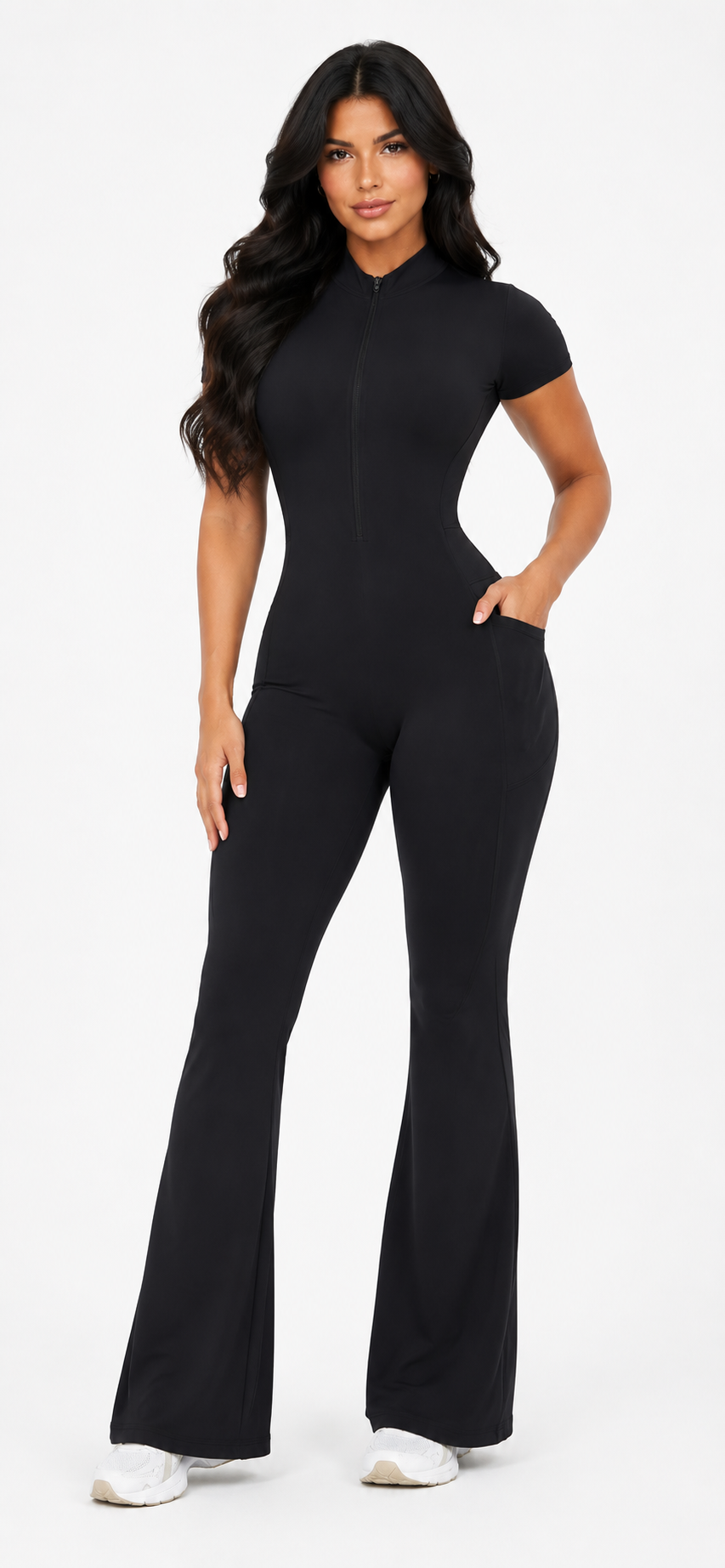 Seam Sculpt Enterizo Negro con Zipper Palazo con Bolsillos