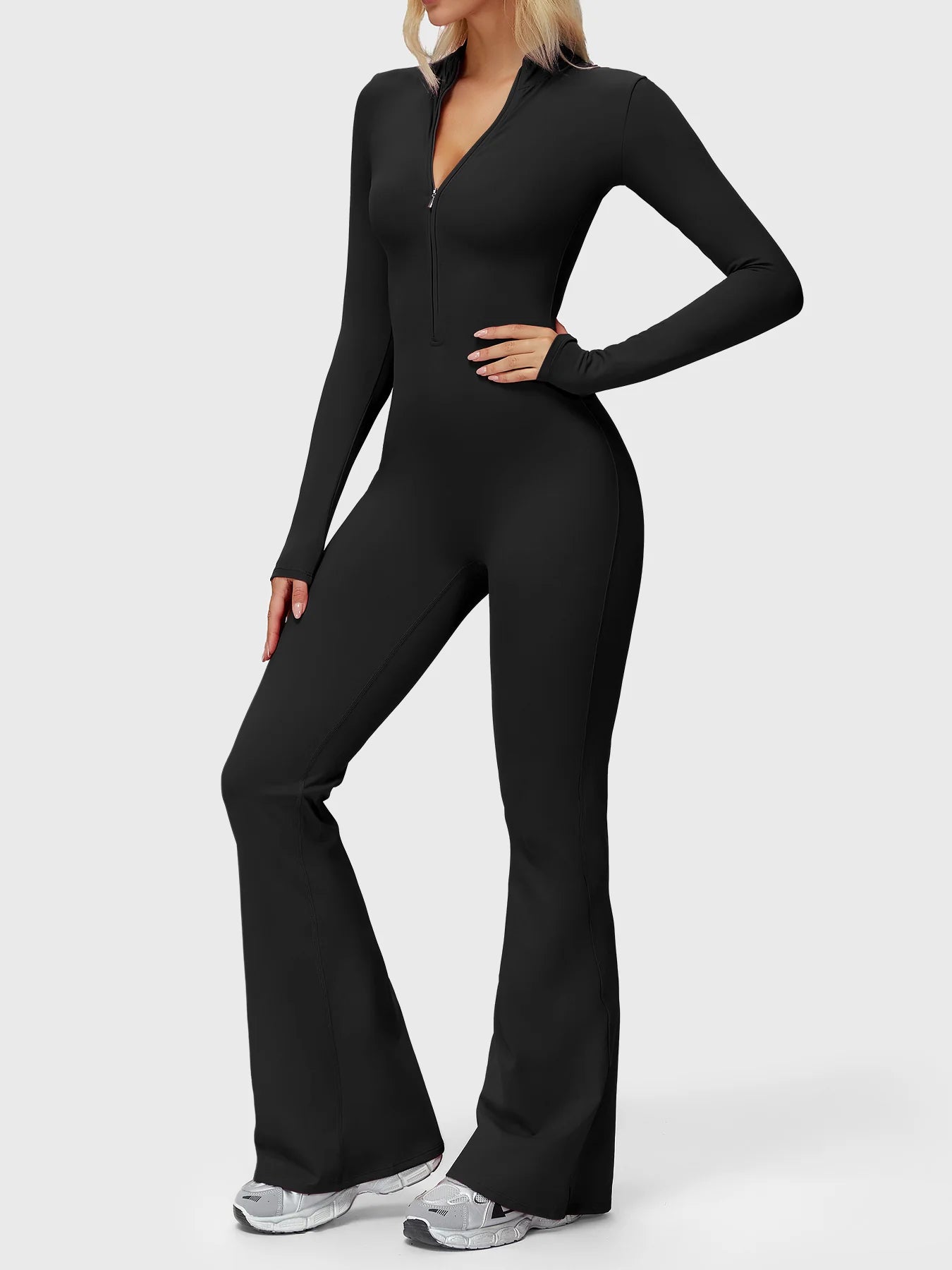 Seam Sculpt Enterizo Negro Manga Larga Palazo con Zipper