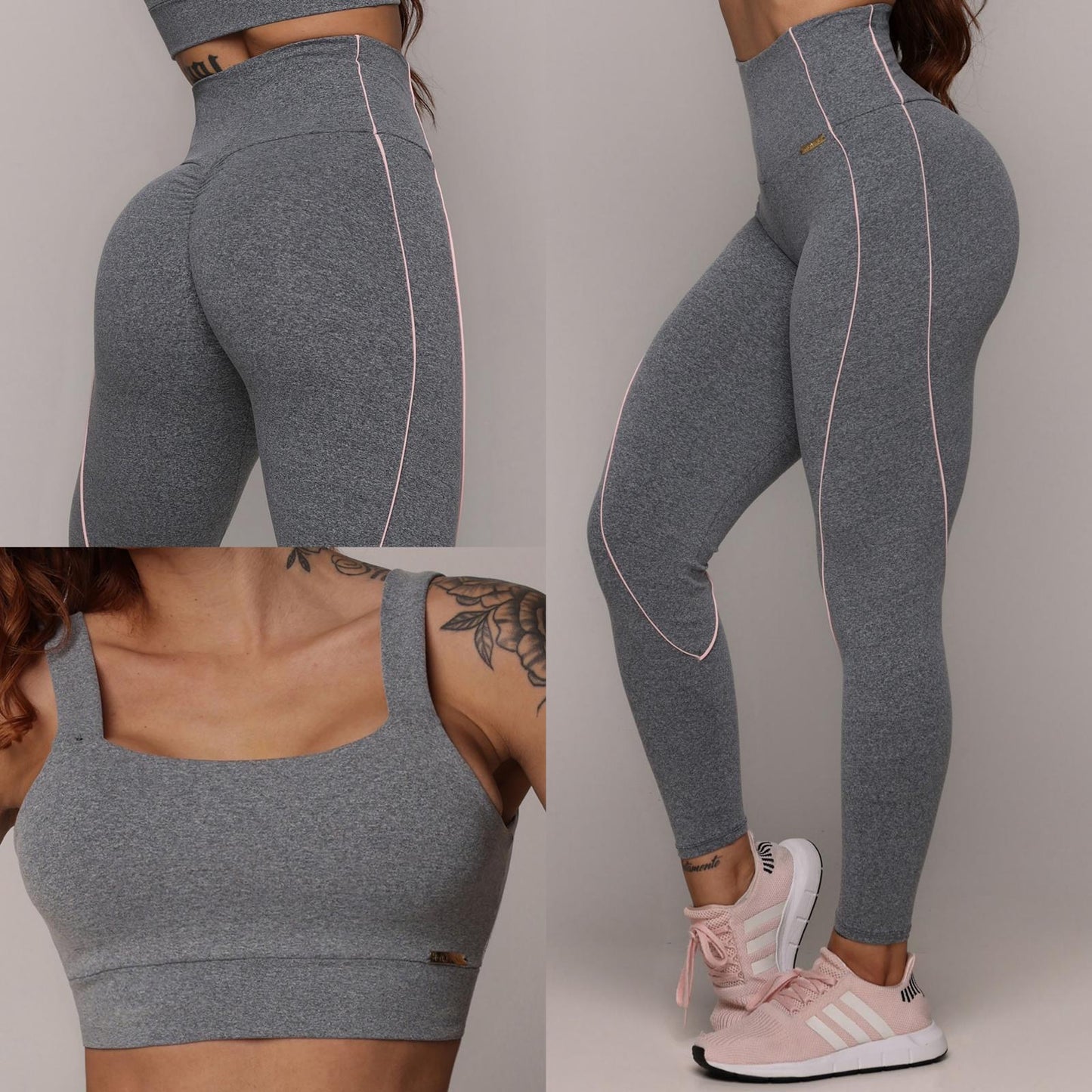 Legging de Compresión Gris & Rosa Brasileño Scrunch (5 Estrellas) & Crop Top