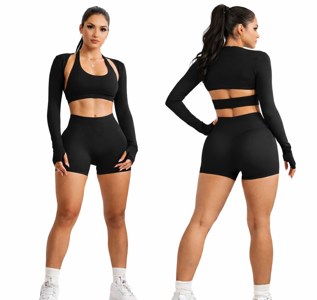 Sculpt Seamless Short Scrunch Black & Top + Bolero 3 PC