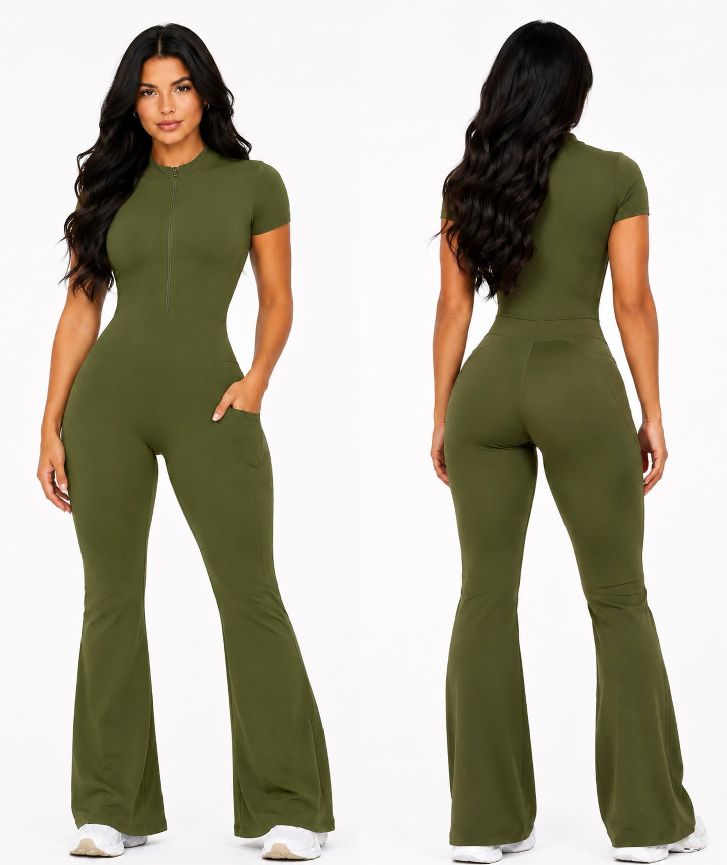 Seam Sculpt Enterizo Verde Olivo con Zipper Palazo con Bolsillos