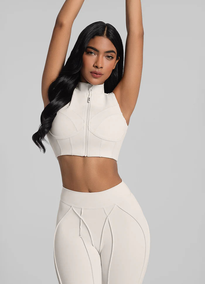 Trending Moto Mami Legging & Top con Zipper Beige