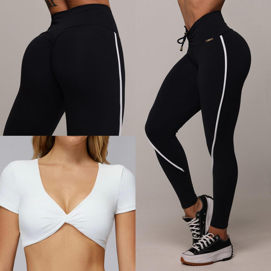 Legging de Compresión Negro & Blanco Brasileño Scrunch (5 Estrellas) & Crop Top Blanco