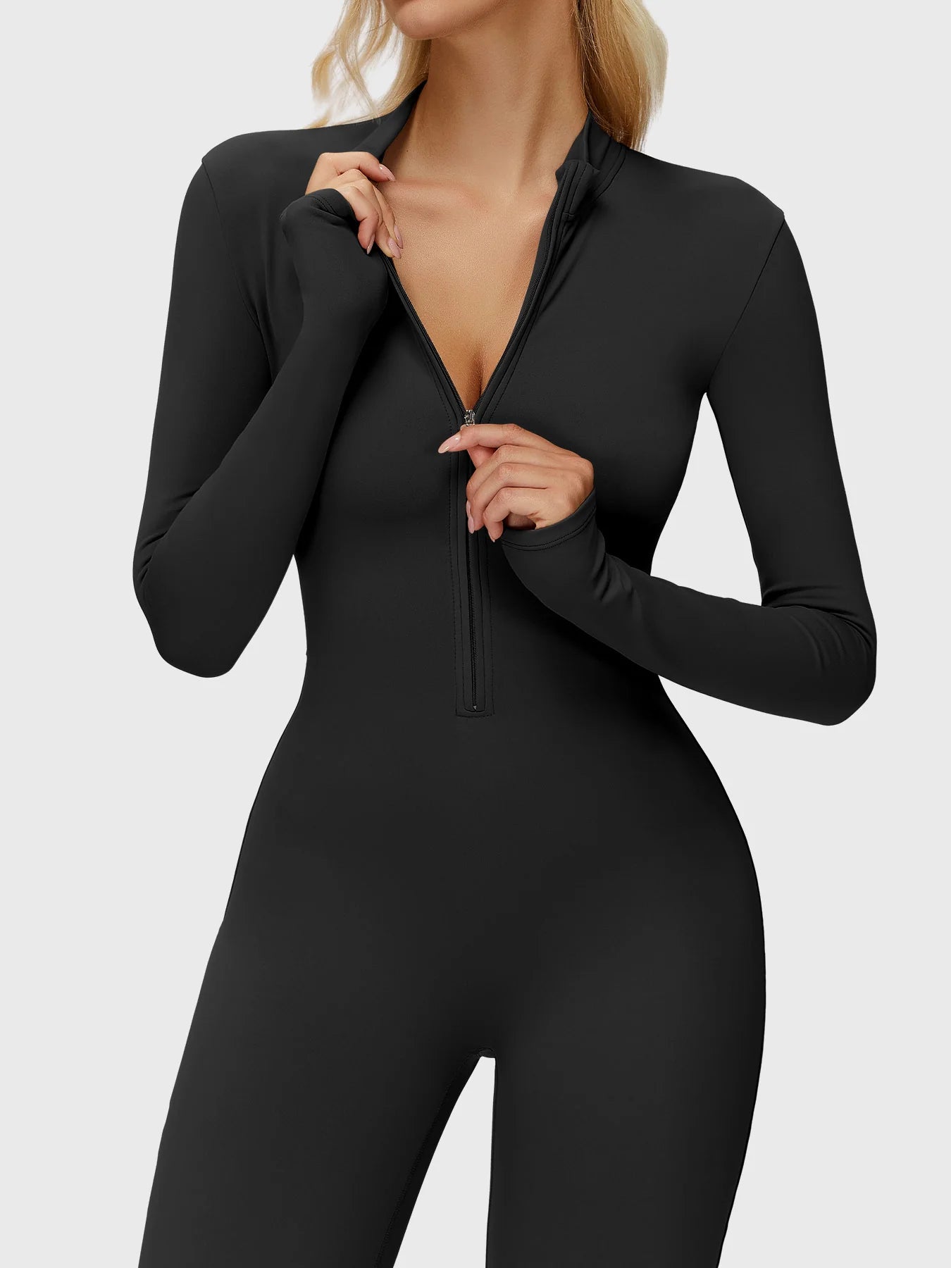 Seam Sculpt Enterizo Negro Manga Larga Palazo con Zipper