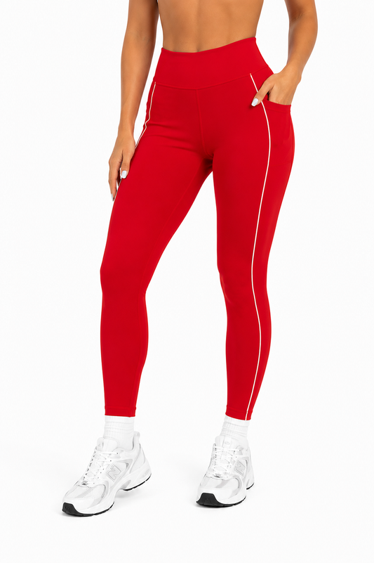 Yoga Contour Legging Rojo y Blanco con Bolsillos