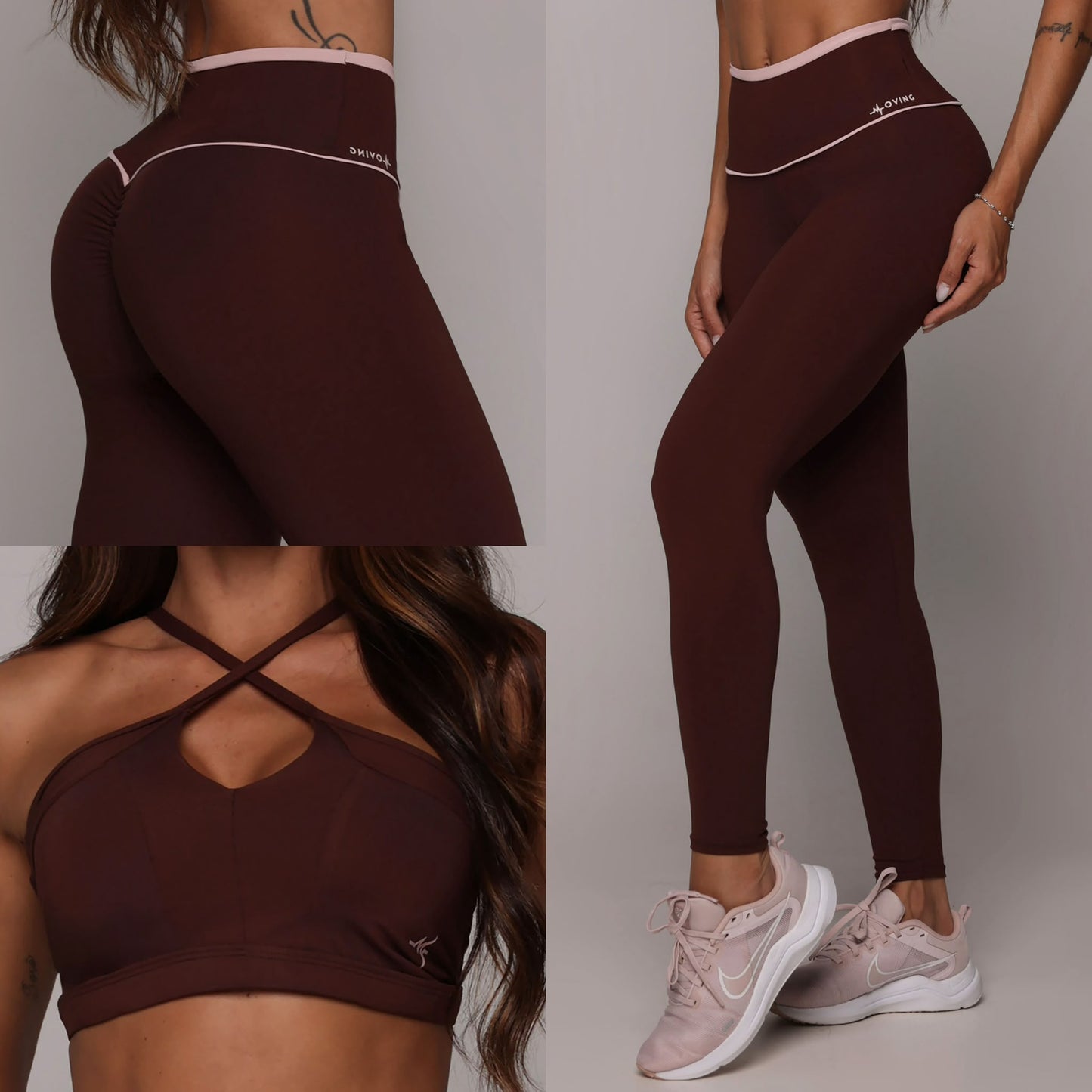 Legging de Compresión Brasileño Burgundy Scrunch (5 Estrellas) & Crop Top Rosa