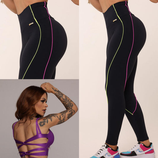 Legging de Compresión Negro & Líneas Neones Brasileño (5 Estrellas) & Crop Top Violeta