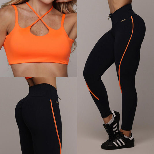 Legging de Compresión Negro & Orange Brasileño Scrunch (5 Estrellas) & Crop Top