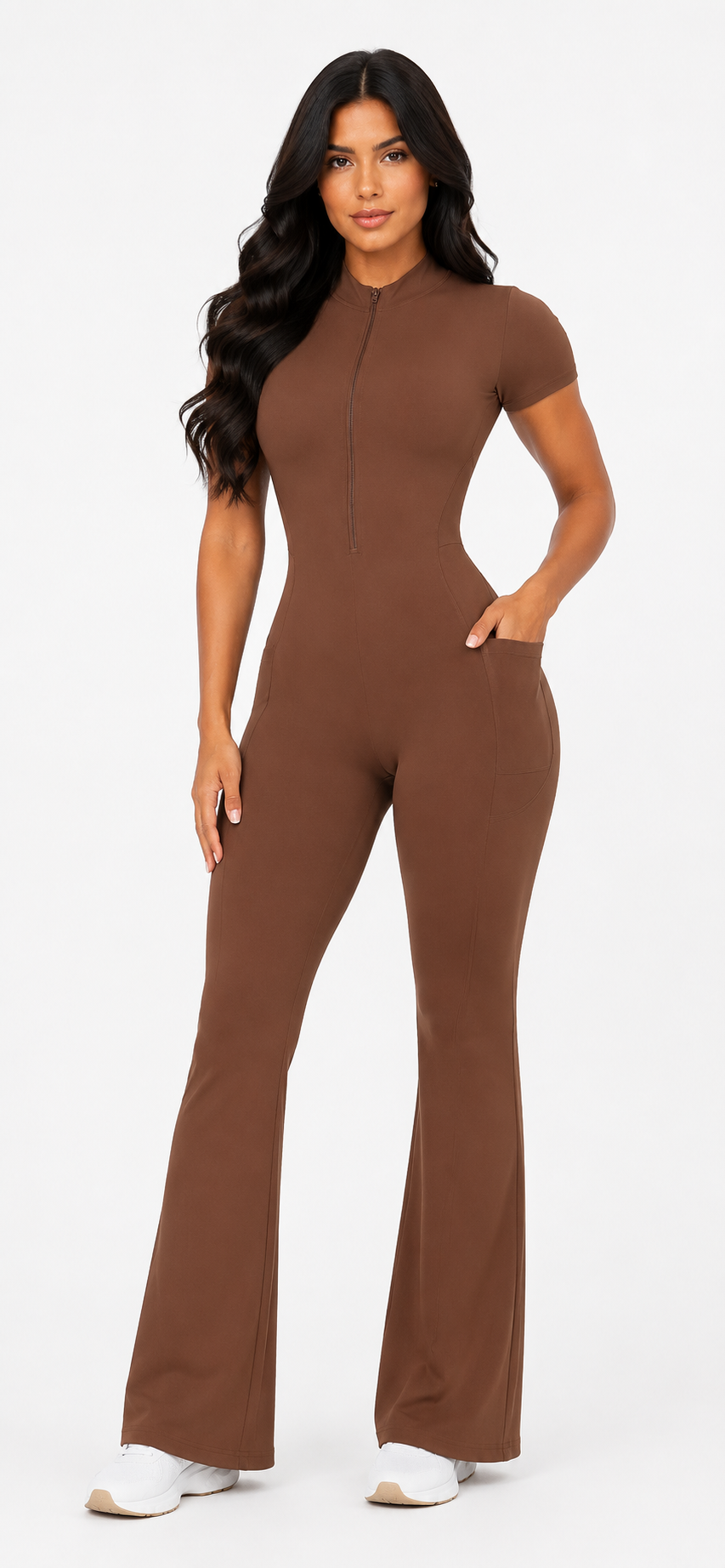 Seam Sculpt Enterizo Brown con Zipper Palazo con Bolsillos