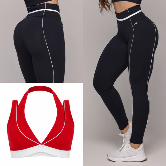 Legging de Compresión Negro & Blanco Brasileño (5 Estrellas) & Crop Top Rojo