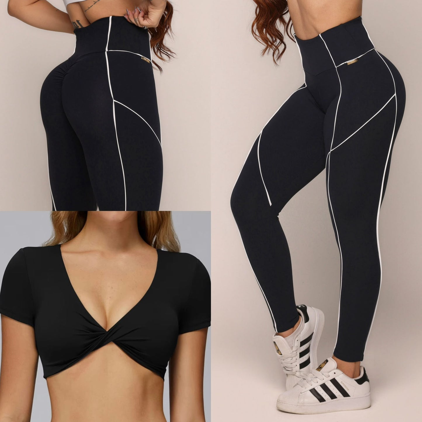 Legging de Compresión Negro y Blanco Brasileño Scrunch (5 Estrellas) & Crop Top