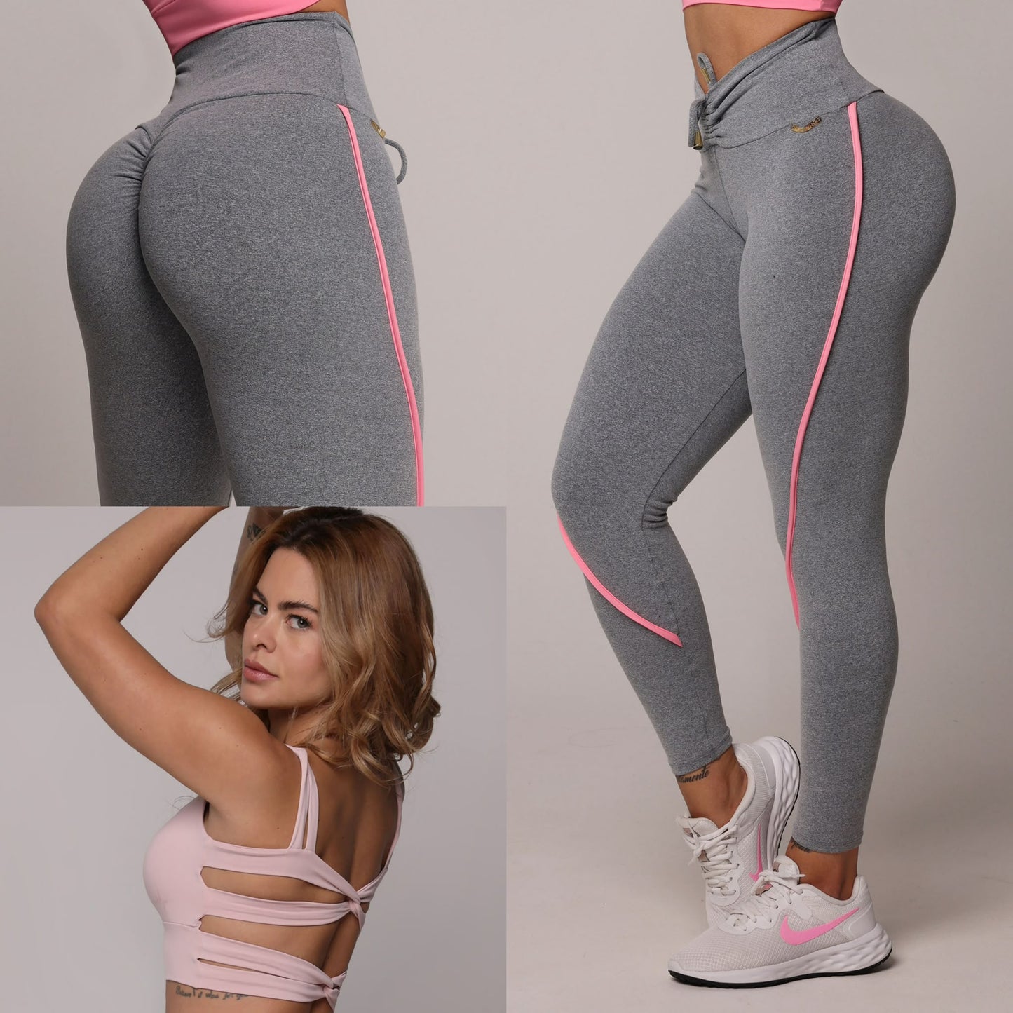Legging de Compresión Gris & Rosa Brasileño Scrunch (5 Estrellas) & Crop Top