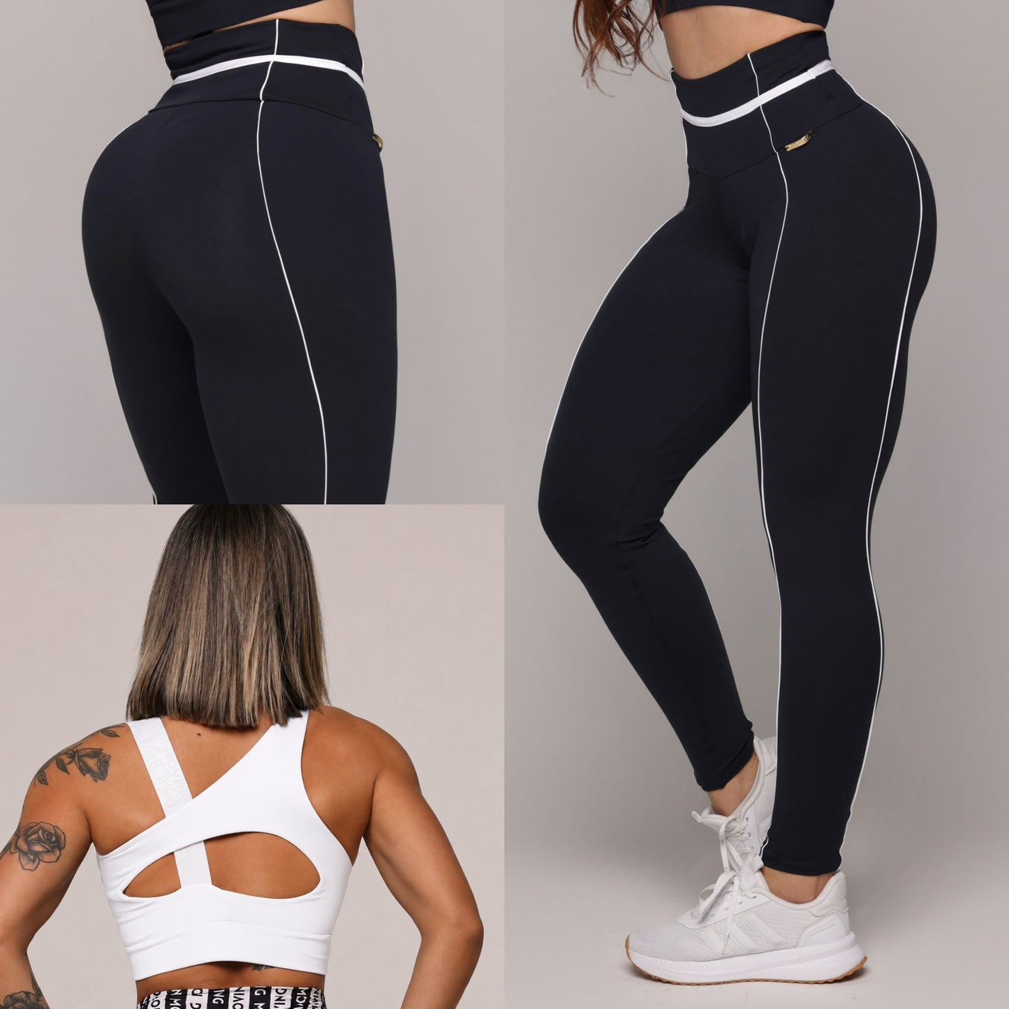 Legging de Compresión Negro & Blanco Brasileño Scrunch (5 Estrellas) & Crop Top