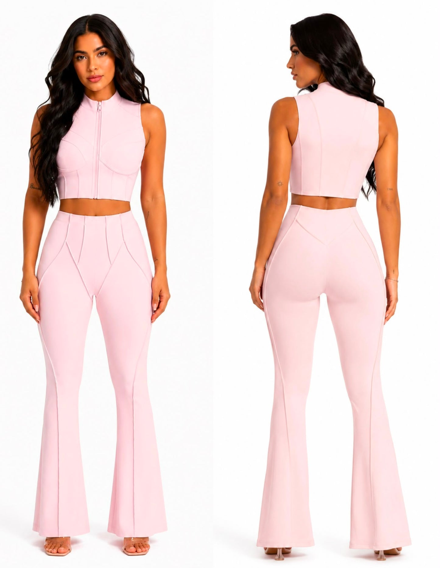 Trending Moto Mami Legging Palazo & Top con Zipper Rosa Claro