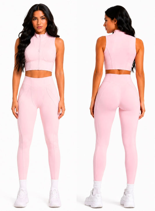 Trending Moto Mami Legging Skinny & Top con Zipper Rosa Claro