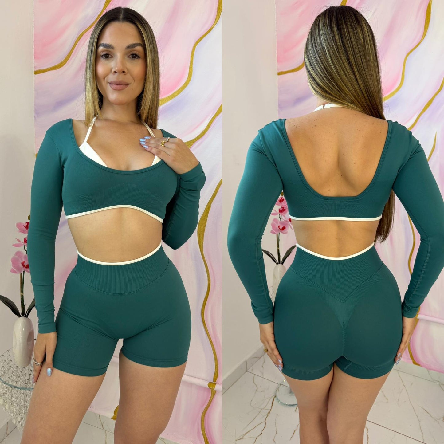 Sculpt Seamless Short Scrunch Teal Green & Long Sleeve Top