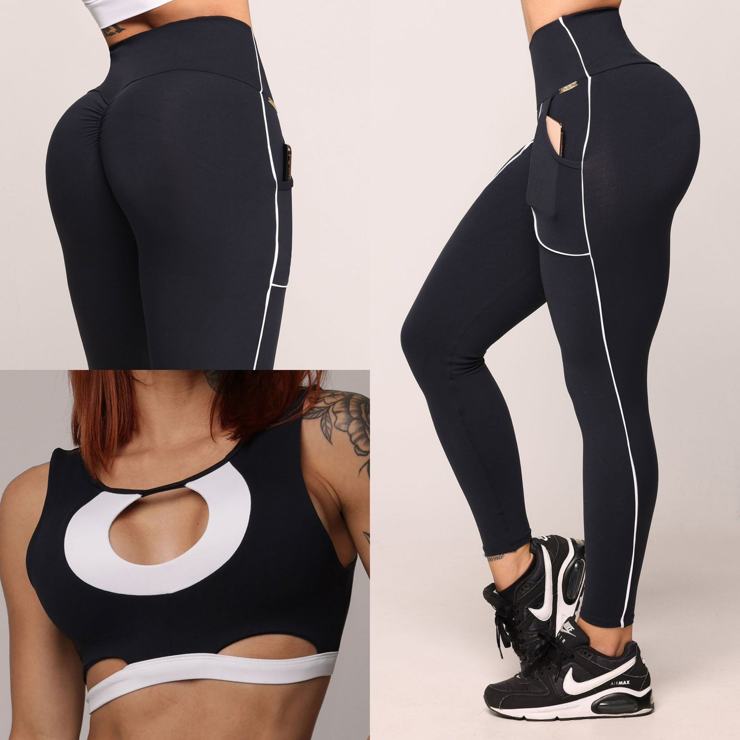 Legging de Compresión Negro & Blanco Brasileño Scrunch con Bolsillos (5 Estrellas) & Crop Top