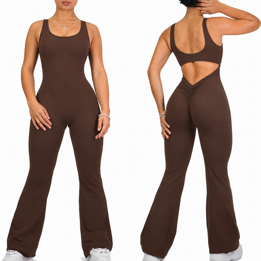 Viral V Flared Jumpsuit Scrunch Brown