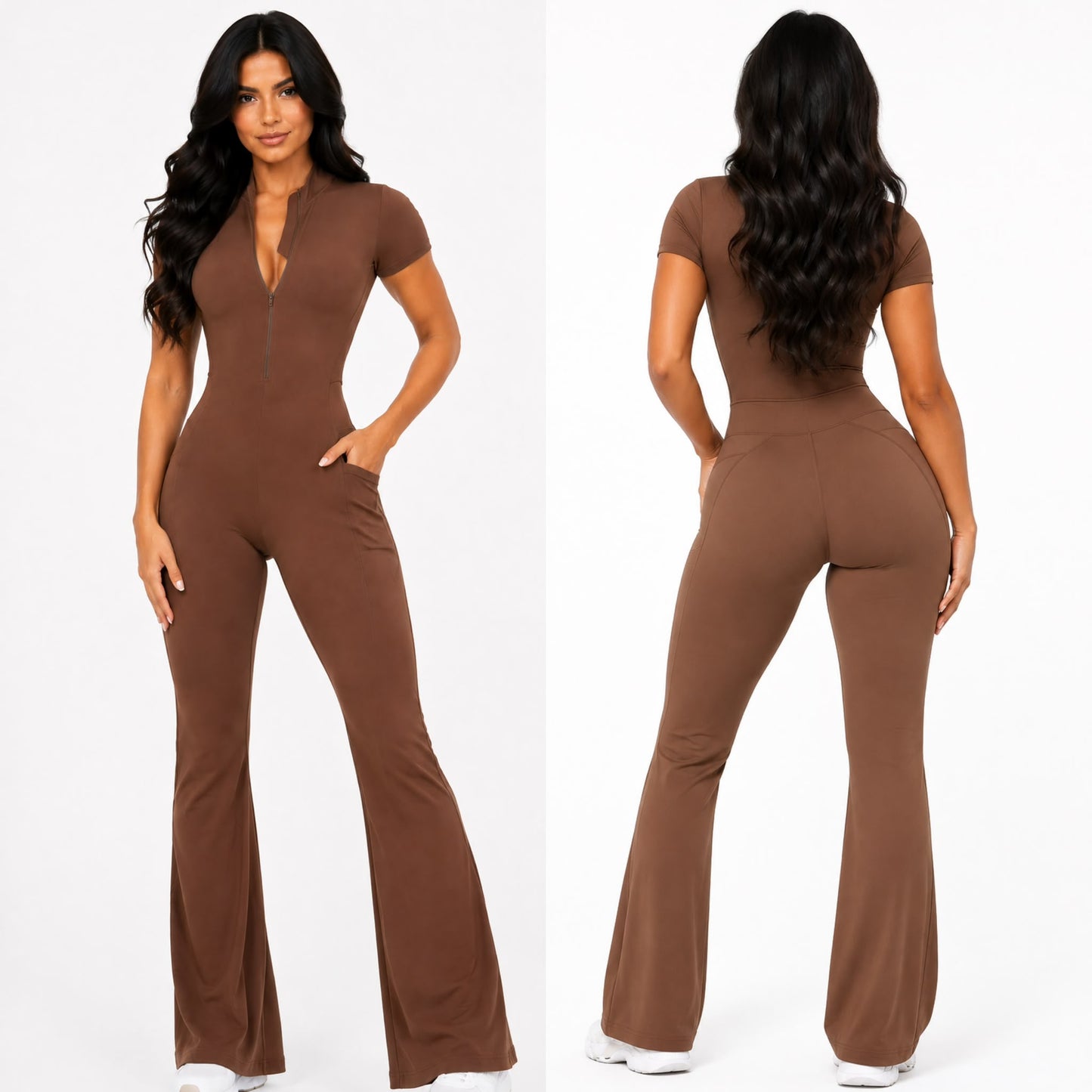 Seam Sculpt Enterizo Brown con Zipper Palazo con Bolsillos