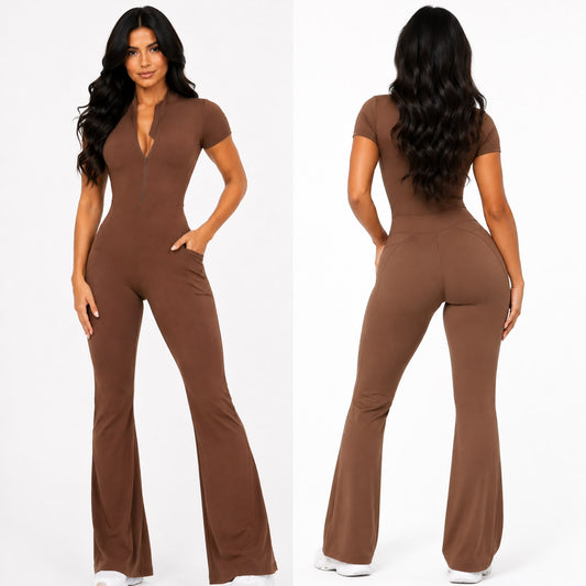 Seam Sculpt Enterizo Brown con Zipper Palazo con Bolsillos