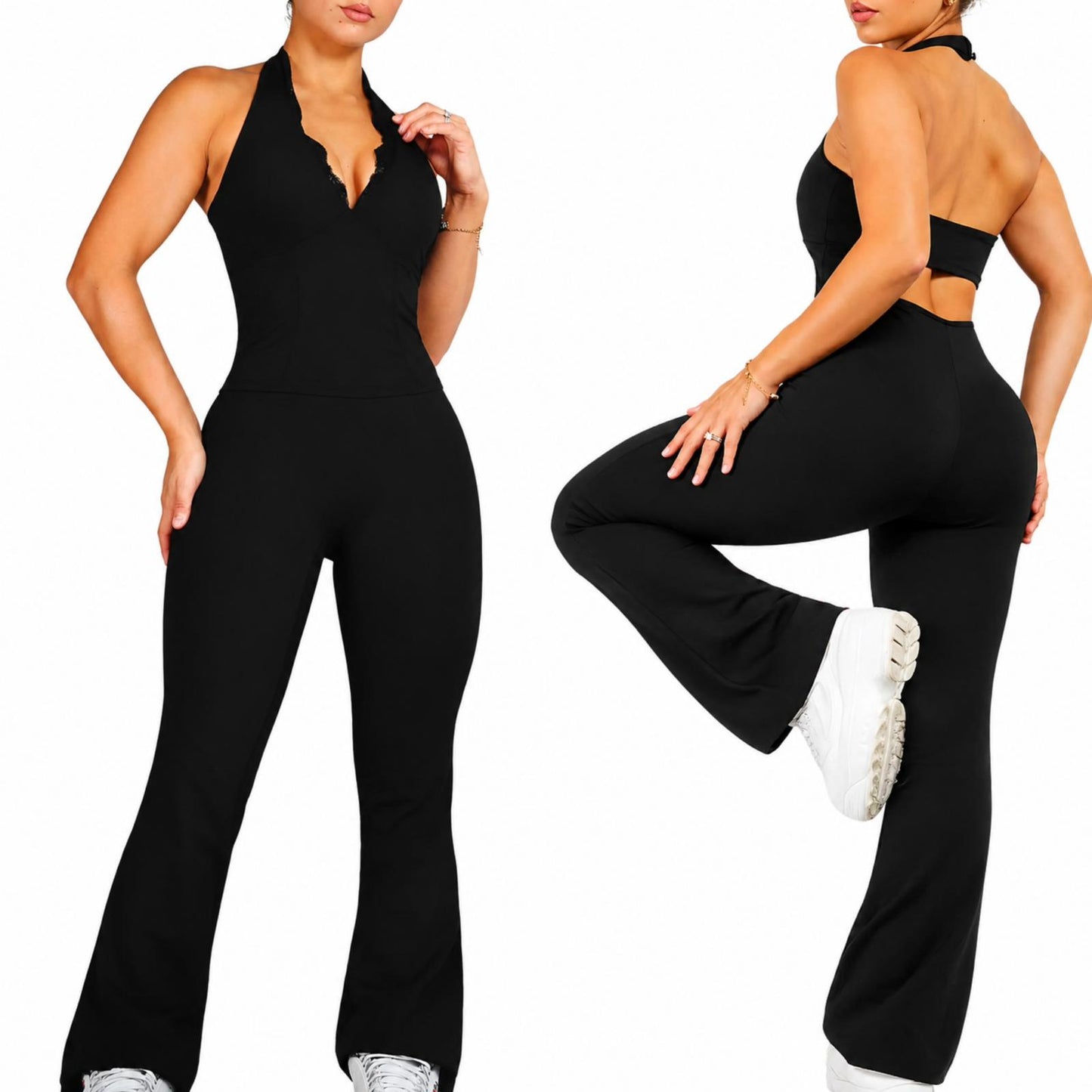 Princess Flared Holter Jumpsuit Negro